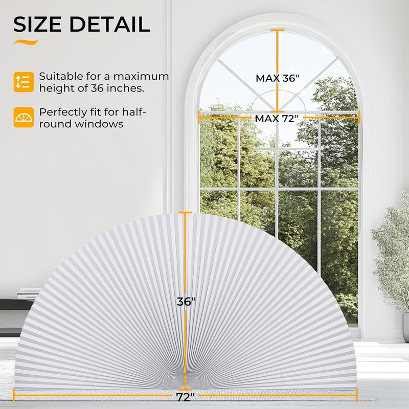 HOMEDEMO Arch Window Shade Blackout White,72" X 36",Half Moon Cellular Shades No Drill Easy Installation Blinds Half Circle Semicircular - Image 5